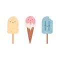 Vector illustration of group of cute ice cream characters, mascots
