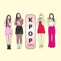 Vector illustration of a group of female singers singing wearing beautiful clothes. Korean K-POP idol show. female fashion idol.