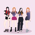 Vector illustration of a group of female singers singing wearing sexy outfits with color gradient hair. Korean K-POP GIRL