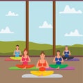 A vector illustration of group of happy women doing yoga in a studio Royalty Free Stock Photo