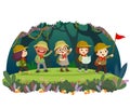 Group of kid travelers with backpack hiking in the forest. Children have summer outdoor adventure