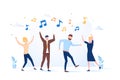 Vector illustration, a group of people dancing and having fun to the music.Entertainment event, excited friends