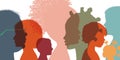 Heads faces colored silhouettes multicultural and multiethnic diversity children in profile. Kindergarten or elementary school
