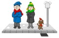 Group of people waiting and shivering at a stop in winter