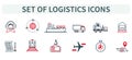 Vector illustration of a group, a set of icons, miniature infographics in one style, logistics, product delivery, payment, order. Royalty Free Stock Photo