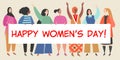 Vector illustration with a group of women holding a big banner with congratulations to the International Women`s Day