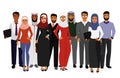 Vector illustration of groupe arab man and woman business people standing together in traditional islamic clothes on Royalty Free Stock Photo