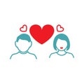 Vector illustration between the guy and the girl big red heart and two small hearts Royalty Free Stock Photo