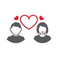 Vector illustration between the guy and the girl big red heart and two small hearts Royalty Free Stock Photo