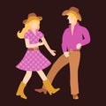 Vector illustration of a guy and a girl in raspberry and brown clothes, hats dancing canry dance. Isolated illustration of a