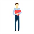 Vector illustration of a guy holding a big red heart on a white background. A man gives love and his heart Royalty Free Stock Photo