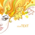 Vector illustration of half dotted beautiful girl face and maple leaves Royalty Free Stock Photo