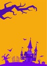 Vector illustration of halloween background. Orange background with flying bats, old house, trees Royalty Free Stock Photo