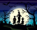 Vector illustration of Halloween background with silhouettes of children trick in Halloween costume on dark blue night