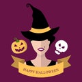 Vector illustration Halloween card with witch in hat, pumpkin, skull, ribbon and text Happy Halloween in flat style Royalty Free Stock Photo