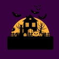 Illustration for the celebration of Halloween. Haunted house near bats, pumpkins and ghosts Royalty Free Stock Photo