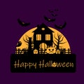 Illustration for the celebration of Halloween. Haunted house near bats, pumpkins and ghosts Royalty Free Stock Photo