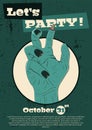 Vector illustration for Halloween. A cool zombie hand inviting to a party.