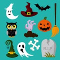 Vector illustration of a Halloween element owl, hat, grave, broom, ghost. Halloween party sign and icon collection Royalty Free Stock Photo