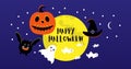 Full moon, bat, hat, evil pumpkin, ghosts for Halloween party. Royalty Free Stock Photo