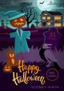 Halloween party flyer with scarecrow, crow, pumpkins Royalty Free Stock Photo