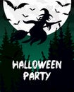 Vector illustration Halloween party invitation or greeting card. Witch silhouette, broomstick, bat and moon are dark sky