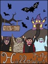Halloween party invitation with cartoon characters and haunted house Royalty Free Stock Photo