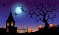 Illustration of halloween. Pumpkin Jack on background of the old house, cemetery and full moon. Royalty Free Stock Photo