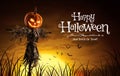 Vector illustration of Halloween pumpkin scarecrow on a wide field with the moon on a scary night Royalty Free Stock Photo