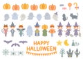 Vector illustration of Halloween related icons. Children dressed up and pumpkins, ghosts, bats, etc.