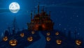 Vector illustration. Halloween. The road to the old castle on the hill, among the pumpkins and cemetery at night. Royalty Free Stock Photo