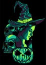 vector illustration Halloween with witch skull and pumpkin on black background Royalty Free Stock Photo