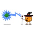 Vector illustration of halloween wizard pumpkin attacking coronavirus