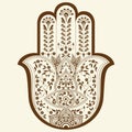 Vector illustration of Hamsa or hand of Fatima. Indian hand drawn hand with ethnic and floral ornaments.