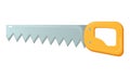 Vector illustration of a hand crosscut saw with a long steel blade and a yellow handle. Tool for cutting wood. Flat Royalty Free Stock Photo