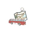 Vector illustration hand deawn flat icon of lbus with map. Navigator style for travel. Grunge texture. Bus pont for tourism clip Royalty Free Stock Photo