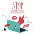 Vector illustration with hand, dislike, hurtful words from a laptop. Lettering STOP cyberbullying. Network abuse