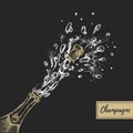 Vector illustration of hand drawing champagne bottle with splash