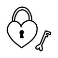 Vector illustration of hand drawing doodle heart shape padlock with key. Black ink silhouette on white background Royalty Free Stock Photo