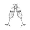 Vector illustration of hand drawing two clinking champagne glasses Royalty Free Stock Photo
