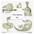 Vector illustration. Hand-drawn animals. Set of cartoon reptiles collections