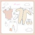 Illustration of Hand drawn Baby clothes Flat lay coordination on white background. Children collage. Top view. Postcard