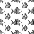 Vector illustration with hand drawn black fishes on white background. Marine seamless coloring page