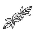 Vector illustration. Hand-drawn brooch or hair clip in the form of a rose with leaves. Black and white contour design