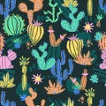 Vector illustration of hand drawn cactus. Seamless pattern. Brig