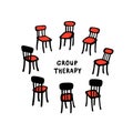 Vector illustration of hand drawn chairs arranged in a circle. Beautiful illustration of a group therapy process.