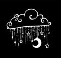 vector illustration of a hand-drawn cloud in the Doodle style with the moon, stars, and dots. Night moon and stars on strings hang Royalty Free Stock Photo