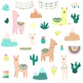 Vector illustration of a hand-drawn collection of llamas or alpacas, cacti, mountains, clothes, ornaments. Image on South American