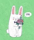 Vector illustration of hand drawn with colored crayons, pencils, pen cute bunny with bouquet of flowers.