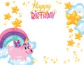 Vector illustration of hand drawn cute pig unicorn with rainbow cloud star heart and lettering Happy Bithday